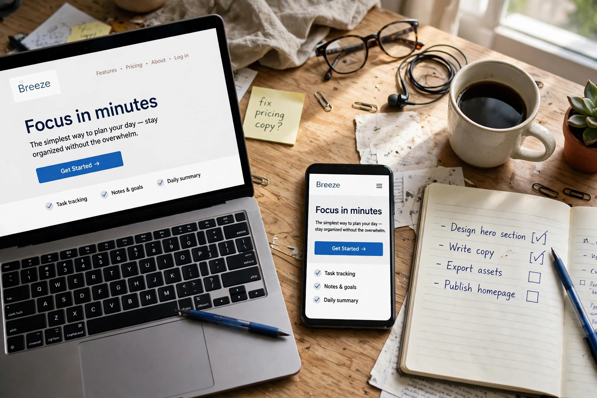 Laptop and phone side by side showing the same landing page on desktop and mobile