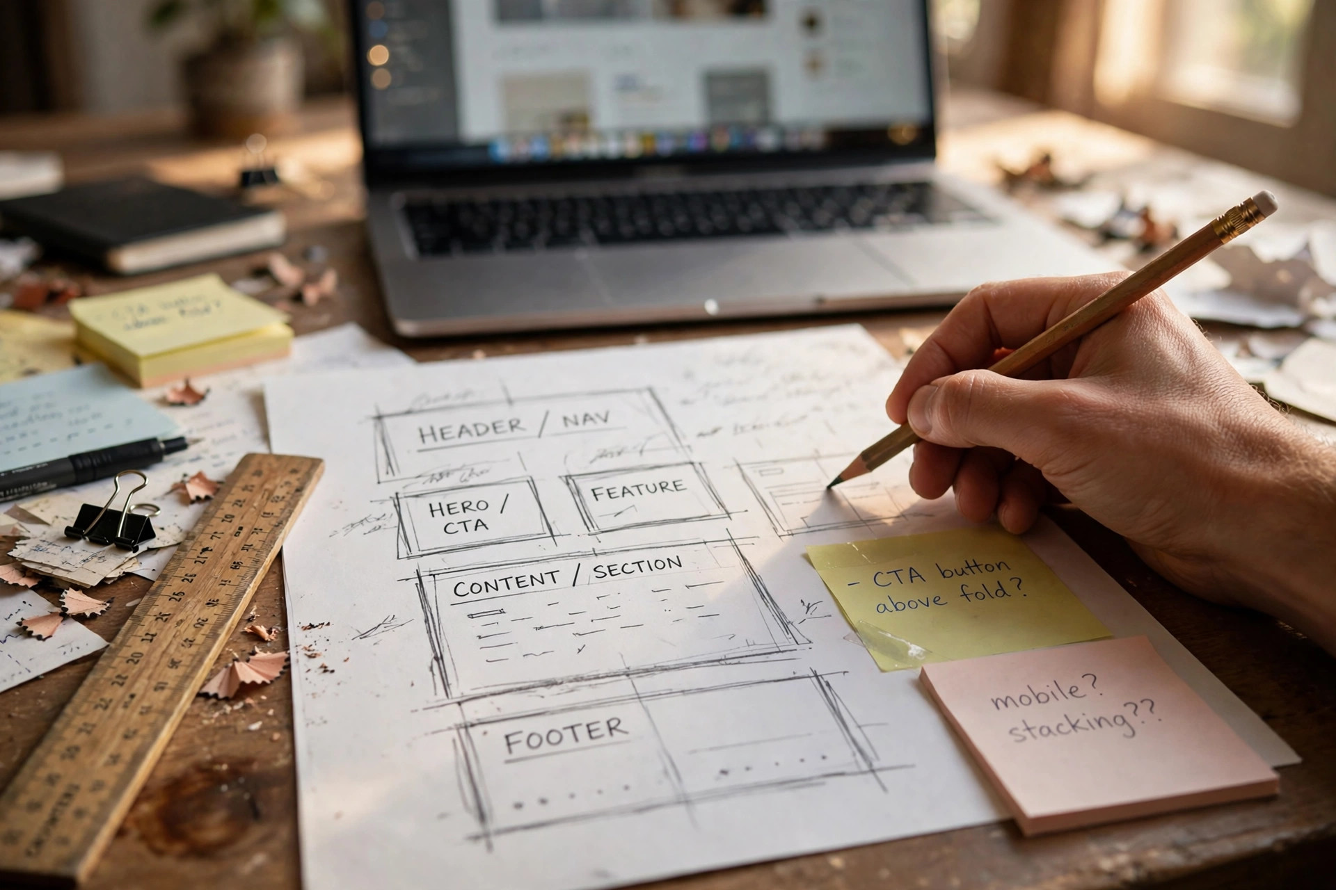 Hand sketching landing-page layout boxes on paper with sticky notes beside it